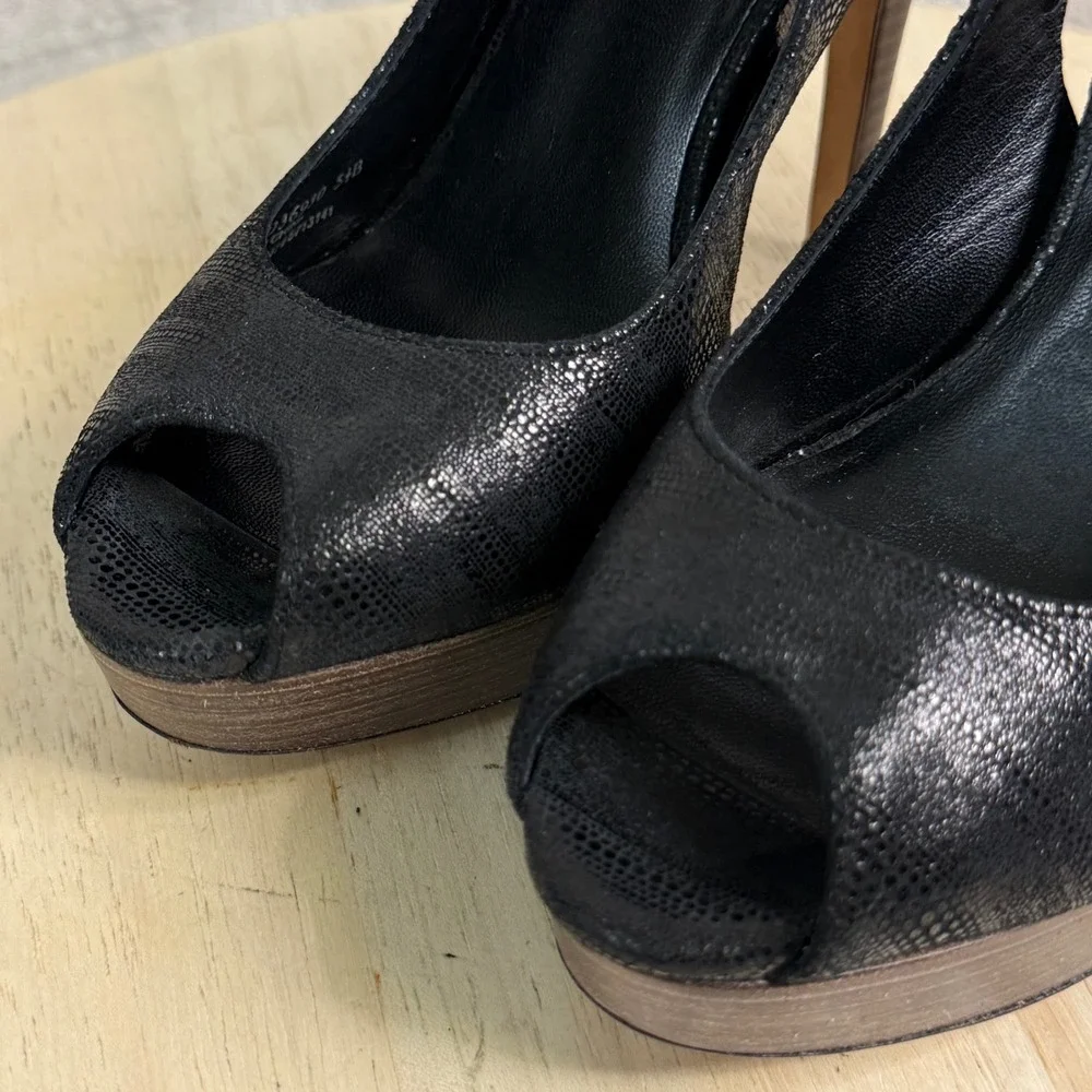 Cole Haan NikeAir Black Snake Embossed Platform Slingback Peep Toe Heels 5.5B‎